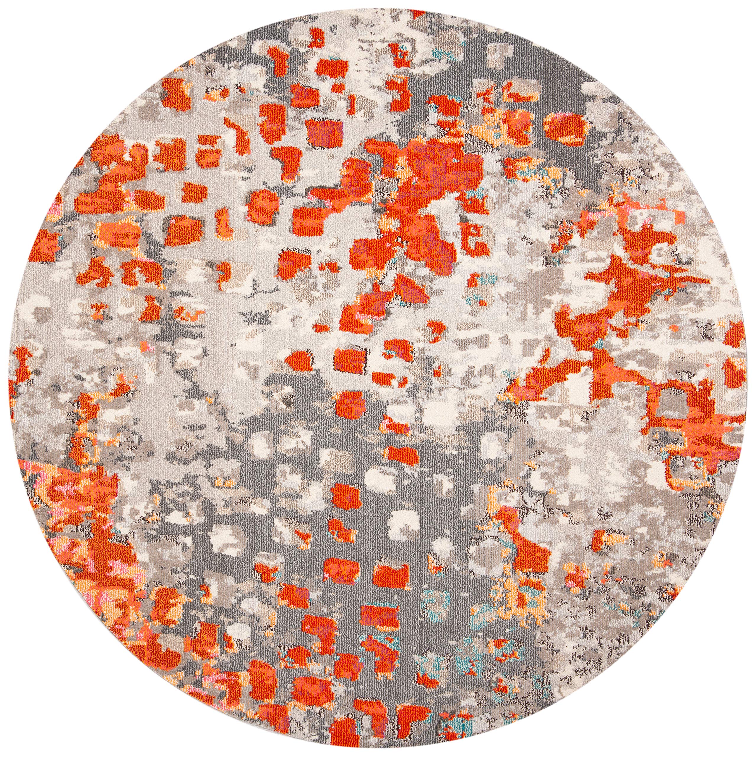 Safavieh Madison Collection Area Rug - 8' Round, Grey & Orange, Boho Abstract Distressed Design, Non-Shedding & Easy Care, Ideal
